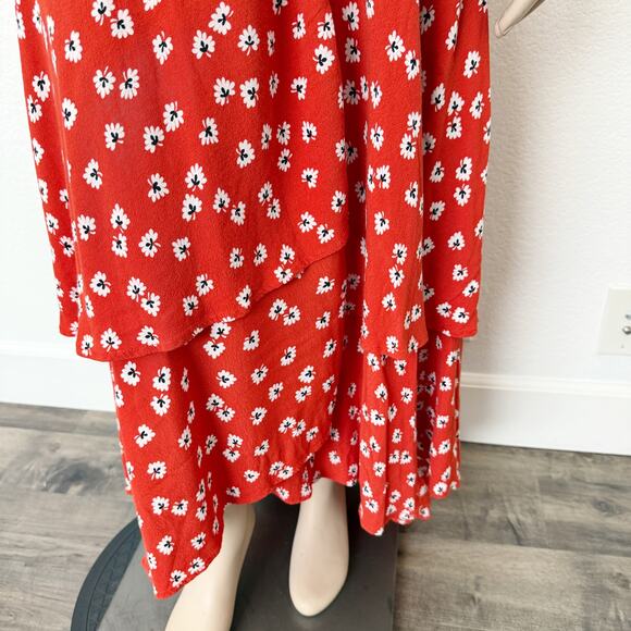 [Ganni] Silvery Crepe V-Neck Floral Print Wrap Red Apple Maxi Dress Size Large L - Picture 8 of 14